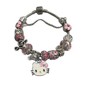 Hello Kitty Pink Silver Girls Charm Bracelet Kawaii Beaded Bling NEW